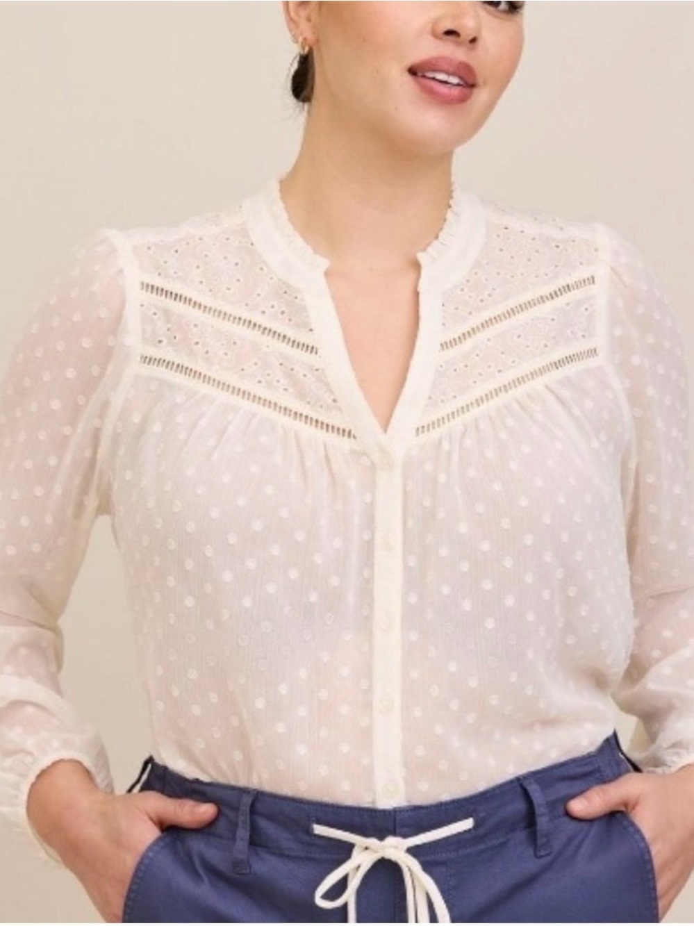 NWT Torrid Women's Chiffon Ivory Dotted Blouse Long Sleeve Blouse